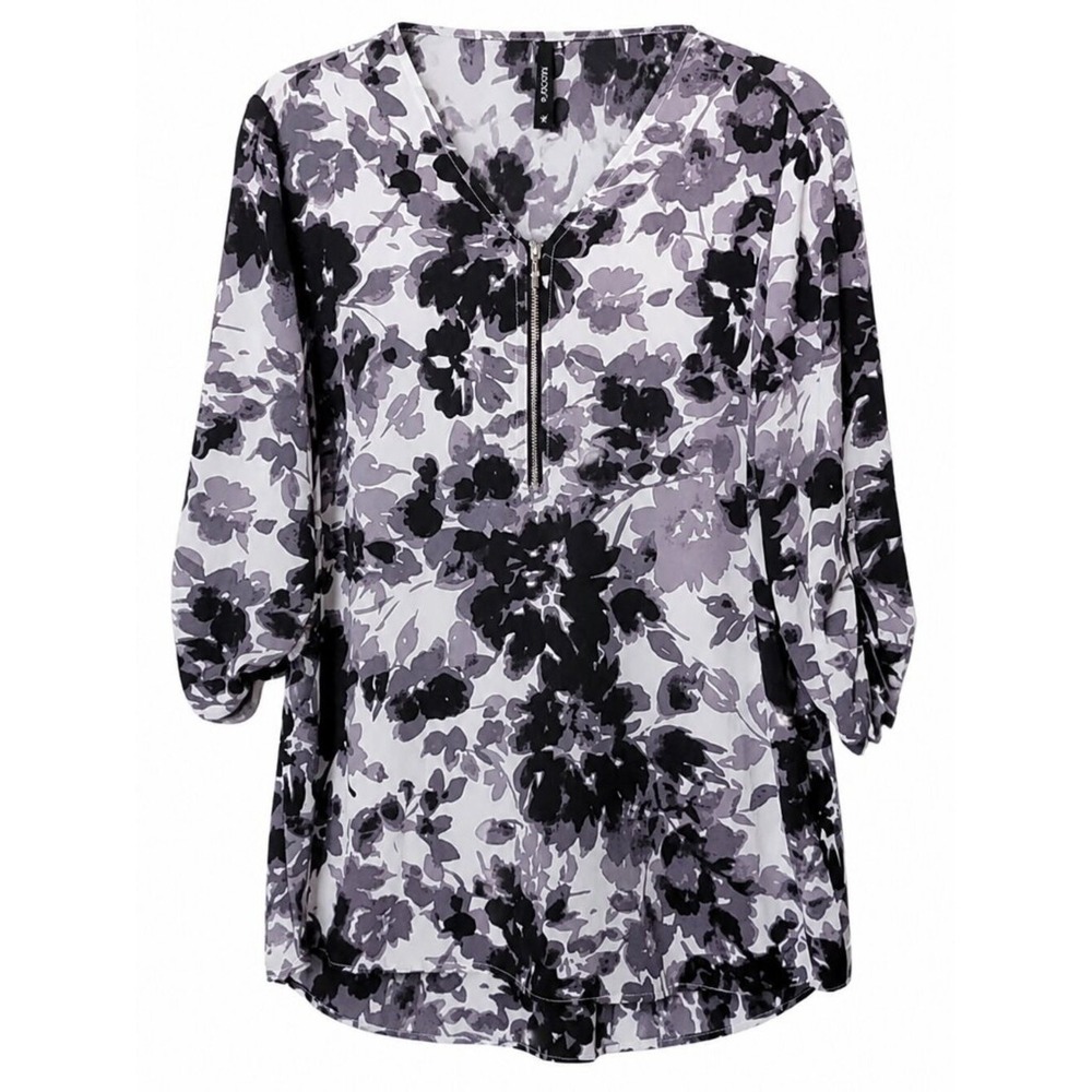 Cathy Gray Black Floral Quarter Zip 3/4 Sleeve Blouse Womens Large